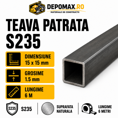 Teava patrata 15 x 15 x 1.5 mm, 6 metri